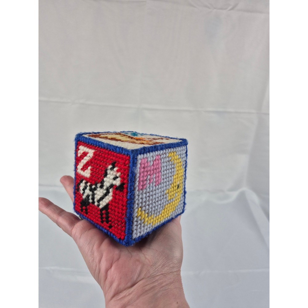 Vintage Needlepoint Baby Block Rattle ABC Animal Handmade Soft Cube Toy Yarn